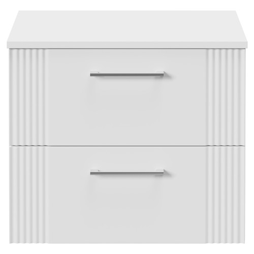 Avant Satin White 600mm Wall Mounted Vanity Unit for Countertop Basins with 2 Drawers and Polished Chrome Handles Front View