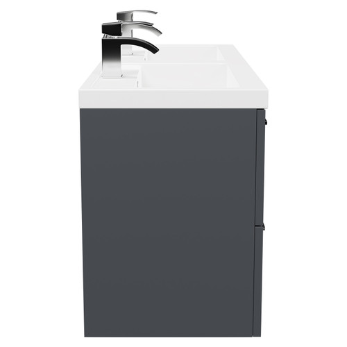 Avant Satin Anthracite 1200mm Wall Mounted Vanity Unit with Polymarble Double Basin and 4 Drawers with Polished Chrome Handles Side View