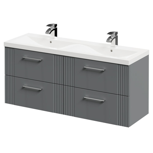 Avant Satin Grey 1200mm Wall Mounted Vanity Unit with Ceramic Double Basin and 4 Drawers with Polished Chrome Handles Right Hand View