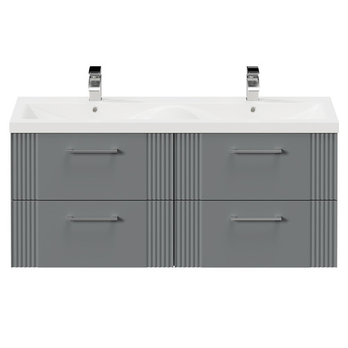 Avant Satin Grey 1200mm Wall Mounted Vanity Unit with Ceramic Double Basin and 4 Drawers with Polished Chrome Handles Front View
