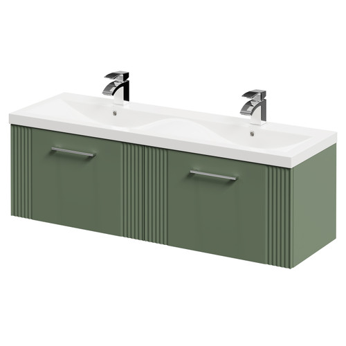 Avant Satin Green 1200mm Wall Mounted Vanity Unit with Ceramic Double Basin and 2 Drawers with Polished Chrome Handles Right Hand View