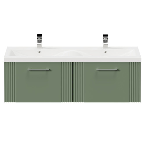 Avant Satin Green 1200mm Wall Mounted Vanity Unit with Ceramic Double Basin and 2 Drawers with Polished Chrome Handles Front View