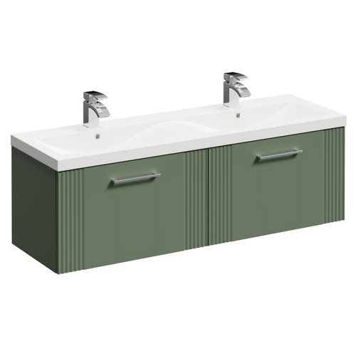 Avant Satin Green 1200mm Wall Mounted Vanity Unit with Ceramic Double Basin and 2 Drawers with Polished Chrome Handles Left Hand View