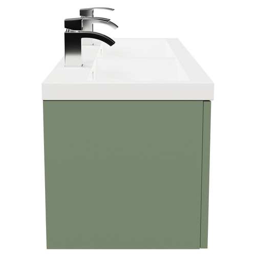 Avant Satin Green 1200mm Wall Mounted Vanity Unit with Ceramic Double Basin and 2 Drawers with Polished Chrome Handles Side View