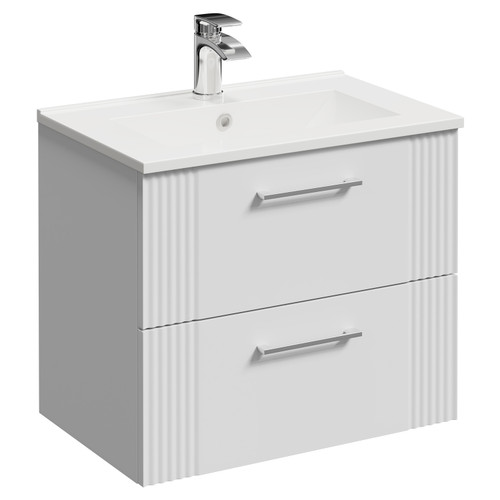Avant Satin White 600mm Wall Mounted Vanity Unit with 1 Tap Hole Minimalist Basin and 2 Drawers with Polished Chrome Handles Left Hand View