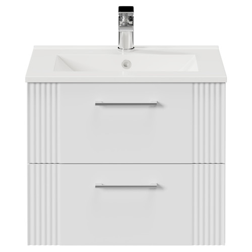 Avant Satin White 600mm Wall Mounted Vanity Unit with 1 Tap Hole Minimalist Basin and 2 Drawers with Polished Chrome Handles Front View
