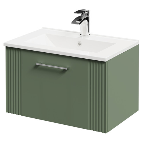 Avant Satin Green 600mm Wall Mounted Vanity Unit with 1 Tap Hole Minimalist Basin and Single Drawer with Polished Chrome Handle Right Hand View