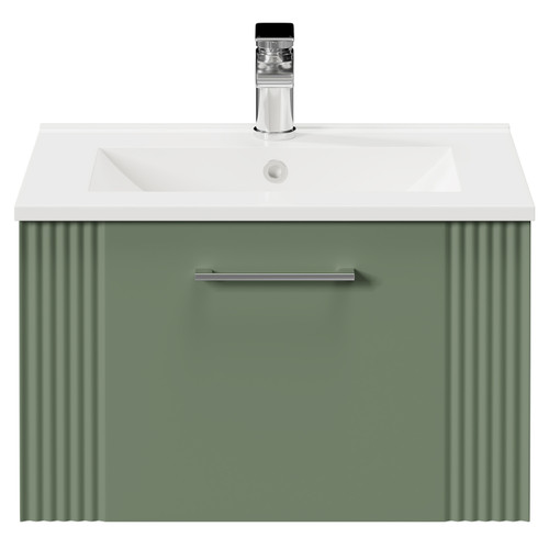Avant Satin Green 600mm Wall Mounted Vanity Unit with 1 Tap Hole Minimalist Basin and Single Drawer with Polished Chrome Handle Front View