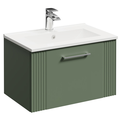 Avant Satin Green 600mm Wall Mounted Vanity Unit with 1 Tap Hole Minimalist Basin and Single Drawer with Polished Chrome Handle Left Hand View