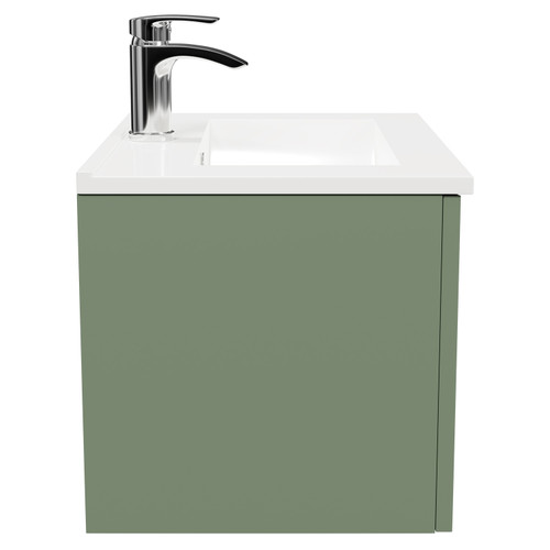 Avant Satin Green 600mm Wall Mounted Vanity Unit with 1 Tap Hole Minimalist Basin and Single Drawer with Polished Chrome Handle Side View