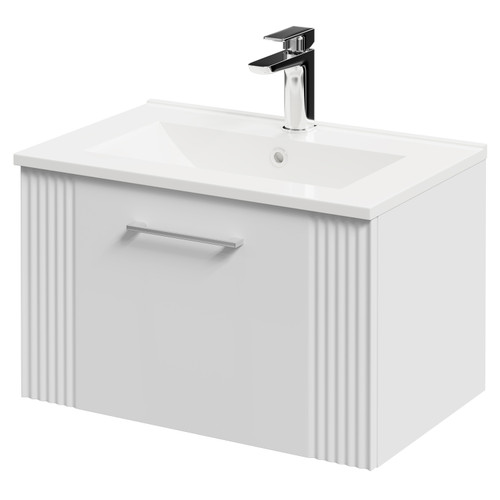 Avant Satin White 600mm Wall Mounted Vanity Unit with 1 Tap Hole Minimalist Basin and Single Drawer with Polished Chrome Handle Right Hand View