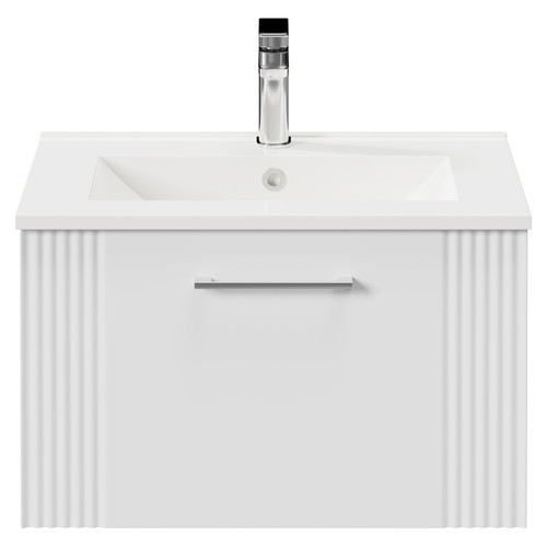 Avant Satin White 600mm Wall Mounted Vanity Unit with 1 Tap Hole Minimalist Basin and Single Drawer with Polished Chrome Handle Front View