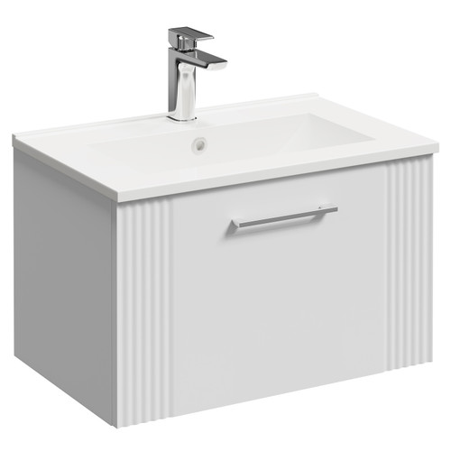Avant Satin White 600mm Wall Mounted Vanity Unit with 1 Tap Hole Minimalist Basin and Single Drawer with Polished Chrome Handle Left Hand View