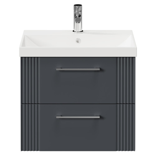 Avant Satin Anthracite 600mm Wall Mounted Vanity Unit with 1 Tap Hole Slim Edge Basin and 2 Drawers with Polished Chrome Handles Front View
