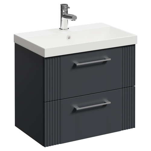Avant Satin Anthracite 600mm Wall Mounted Vanity Unit with 1 Tap Hole Slim Edge Basin and 2 Drawers with Polished Chrome Handles Left Hand View