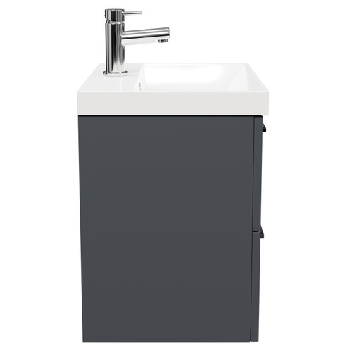 Avant Satin Anthracite 600mm Wall Mounted Vanity Unit with 1 Tap Hole Slim Edge Basin and 2 Drawers with Polished Chrome Handles Side View