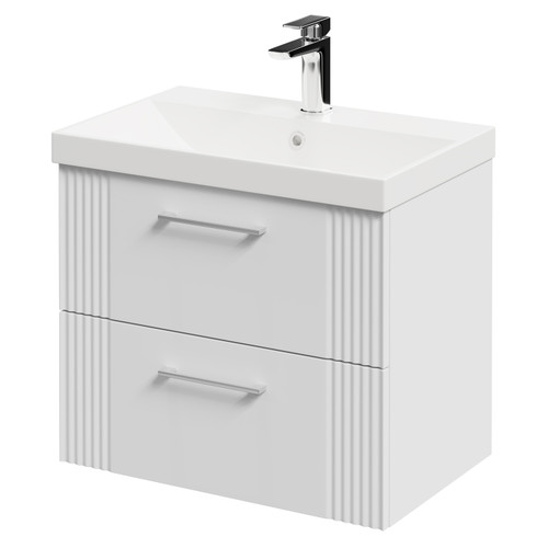 Avant Satin White 600mm Wall Mounted Vanity Unit with 1 Tap Hole Slim Edge Basin and 2 Drawers with Polished Chrome Handles Right Hand View