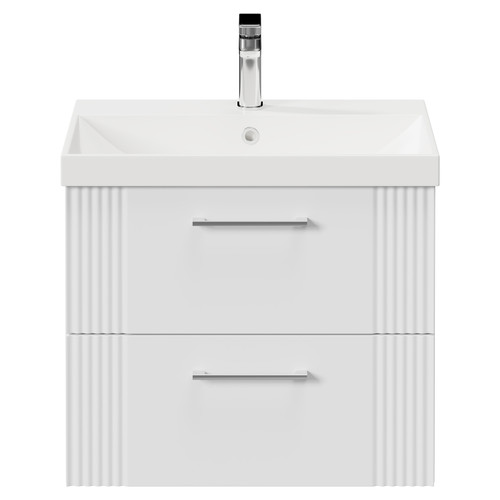 Avant Satin White 600mm Wall Mounted Vanity Unit with 1 Tap Hole Slim Edge Basin and 2 Drawers with Polished Chrome Handles Front View
