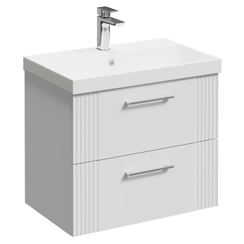 Avant Satin White 600mm Wall Mounted Vanity Unit with 1 Tap Hole Slim Edge Basin and 2 Drawers with Polished Chrome Handles Left Hand View