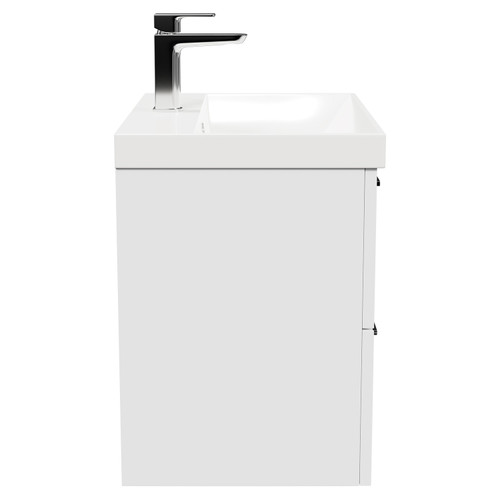 Avant Satin White 600mm Wall Mounted Vanity Unit with 1 Tap Hole Slim Edge Basin and 2 Drawers with Polished Chrome Handles Side View