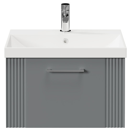 Avant Satin Grey 600mm Wall Mounted Vanity Unit with 1 Tap Hole Slim Edge Basin and Single Drawer with Polished Chrome Handle Front View