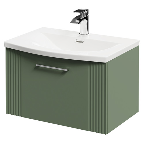 Avant Satin Green 600mm Wall Mounted Vanity Unit with 1 Tap Hole Curved Basin and Single Drawer with Polished Chrome Handle Right Hand View