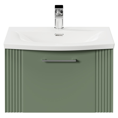 Avant Satin Green 600mm Wall Mounted Vanity Unit with 1 Tap Hole Curved Basin and Single Drawer with Polished Chrome Handle Front View