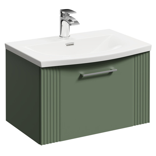 Avant Satin Green 600mm Wall Mounted Vanity Unit with 1 Tap Hole Curved Basin and Single Drawer with Polished Chrome Handle Left Hand View