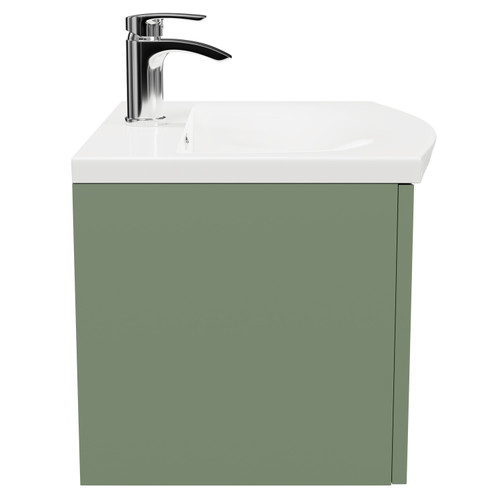 Avant Satin Green 600mm Wall Mounted Vanity Unit with 1 Tap Hole Curved Basin and Single Drawer with Polished Chrome Handle Side View