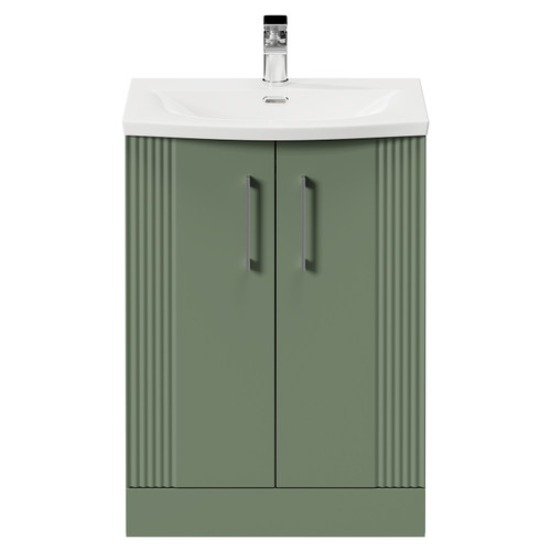 Avant Satin Green 600mm Floor Standing Vanity Unit with 1 Tap Hole Curved Basin and 2 Doors with Polished Chrome Handles Front View