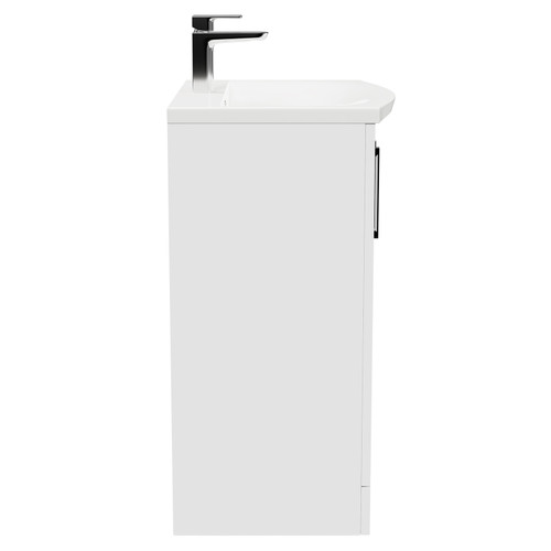 Avant Satin White 600mm Floor Standing Vanity Unit with 1 Tap Hole Curved Basin and 2 Doors with Polished Chrome Handles Side View