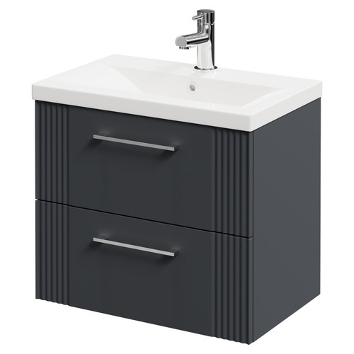 Avant Satin Anthracite 600mm Wall Mounted Vanity Unit with 1 Tap Hole Mid Edge Basin and 2 Drawers with Polished Chrome Handles Right Hand View