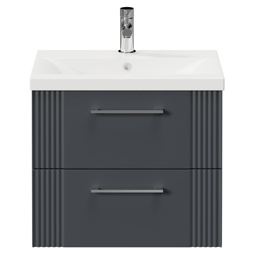 Avant Satin Anthracite 600mm Wall Mounted Vanity Unit with 1 Tap Hole Mid Edge Basin and 2 Drawers with Polished Chrome Handles Front View