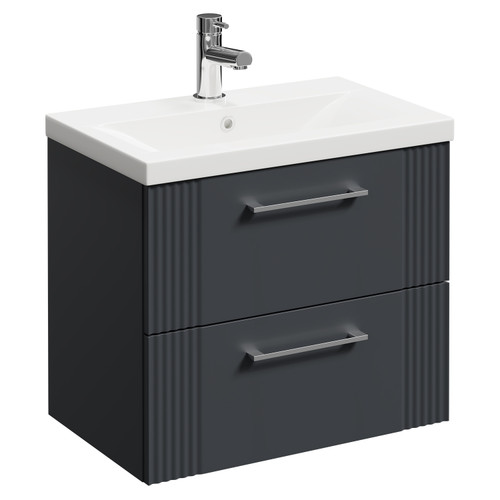 Avant Satin Anthracite 600mm Wall Mounted Vanity Unit with 1 Tap Hole Mid Edge Basin and 2 Drawers with Polished Chrome Handles Left Hand View