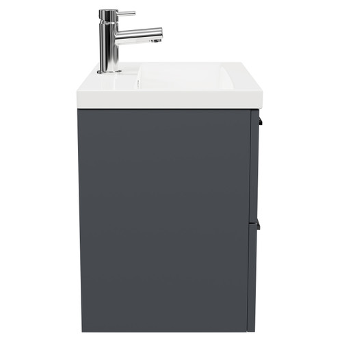 Avant Satin Anthracite 600mm Wall Mounted Vanity Unit with 1 Tap Hole Mid Edge Basin and 2 Drawers with Polished Chrome Handles Side View
