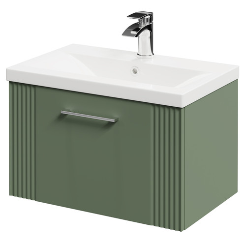 Avant Satin Green 600mm Wall Mounted Vanity Unit with 1 Tap Hole Mid Edge Basin and Single Drawer with Polished Chrome Handle Right Hand View