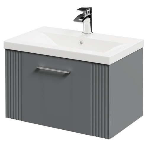 Avant Satin Grey 600mm Wall Mounted Vanity Unit with 1 Tap Hole Mid Edge Basin and Single Drawer with Polished Chrome Handle Right Hand View
