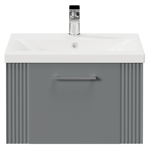 Avant Satin Grey 600mm Wall Mounted Vanity Unit with 1 Tap Hole Mid Edge Basin and Single Drawer with Polished Chrome Handle Front View