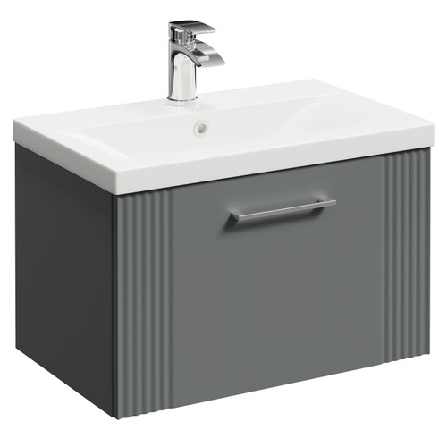 Avant Satin Grey 600mm Wall Mounted Vanity Unit with 1 Tap Hole Mid Edge Basin and Single Drawer with Polished Chrome Handle Left Hand View