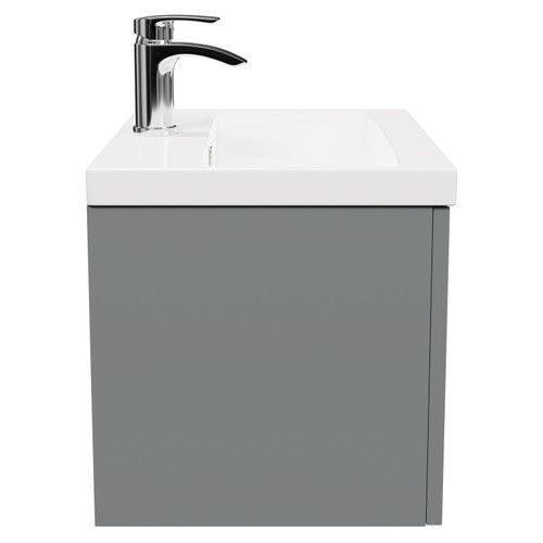 Avant Satin Grey 600mm Wall Mounted Vanity Unit with 1 Tap Hole Mid Edge Basin and Single Drawer with Polished Chrome Handle Side View