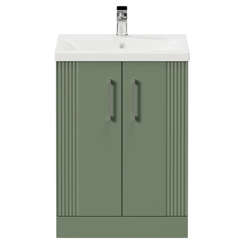 Avant Satin Green 600mm Floor Standing Vanity Unit with 1 Tap Hole Mid Edge Basin and 2 Doors with Polished Chrome Handles Front View