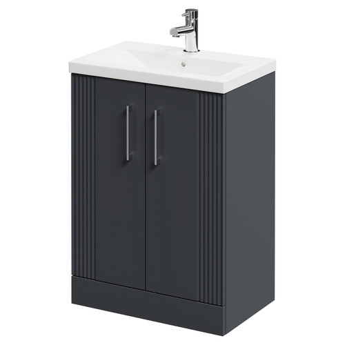 Avant Satin Anthracite 600mm Floor Standing Vanity Unit with 1 Tap Hole Mid Edge Basin and 2 Doors with Polished Chrome Handles Right Hand View