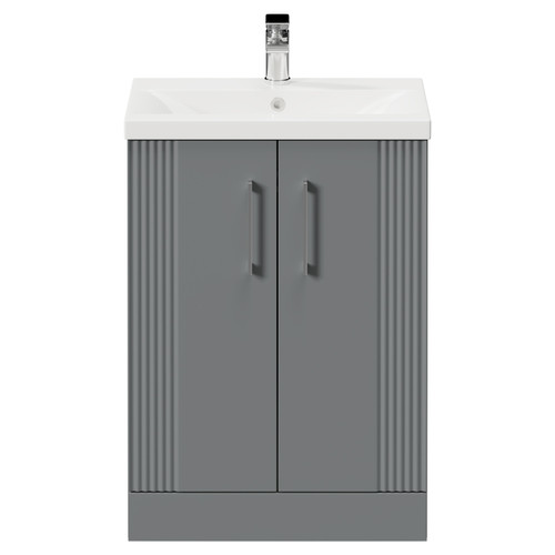 Avant Satin Grey 600mm Floor Standing Vanity Unit with 1 Tap Hole Mid Edge Basin and 2 Doors with Polished Chrome Handles Front View