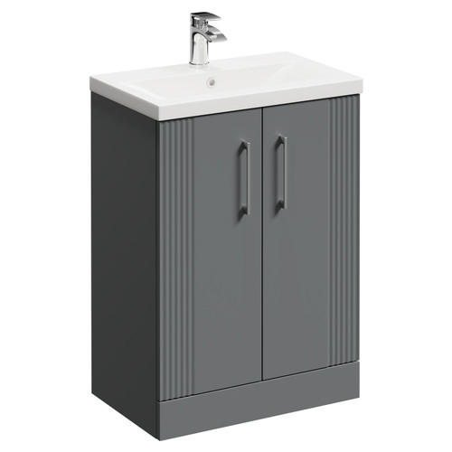 Avant Satin Grey 600mm Floor Standing Vanity Unit with 1 Tap Hole Mid Edge Basin and 2 Doors with Polished Chrome Handles Left Hand View