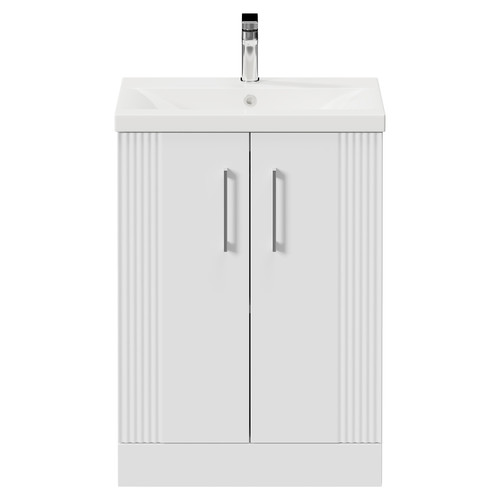 Avant Satin White 600mm Floor Standing Vanity Unit with 1 Tap Hole Mid Edge Basin and 2 Doors with Polished Chrome Handles Front View