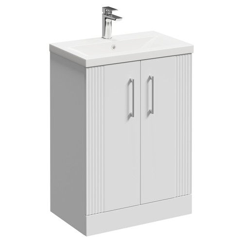 Avant Satin White 600mm Floor Standing Vanity Unit with 1 Tap Hole Mid Edge Basin and 2 Doors with Polished Chrome Handles Left Hand View