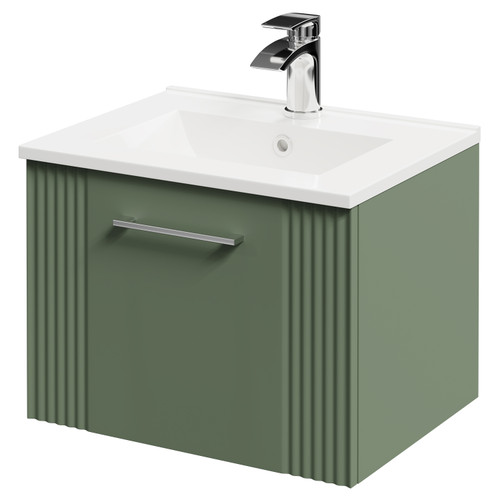 Avant Satin Green 500mm Wall Mounted Vanity Unit with 1 Tap Hole Minimalist Basin and Single Drawer with Polished Chrome Handle Right Hand View