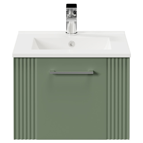 Avant Satin Green 500mm Wall Mounted Vanity Unit with 1 Tap Hole Minimalist Basin and Single Drawer with Polished Chrome Handle Front View