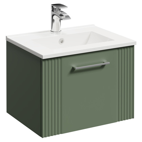 Avant Satin Green 500mm Wall Mounted Vanity Unit with 1 Tap Hole Minimalist Basin and Single Drawer with Polished Chrome Handle Left Hand View