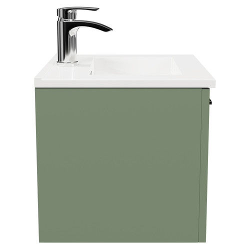 Avant Satin Green 500mm Wall Mounted Vanity Unit with 1 Tap Hole Minimalist Basin and Single Drawer with Polished Chrome Handle Side View